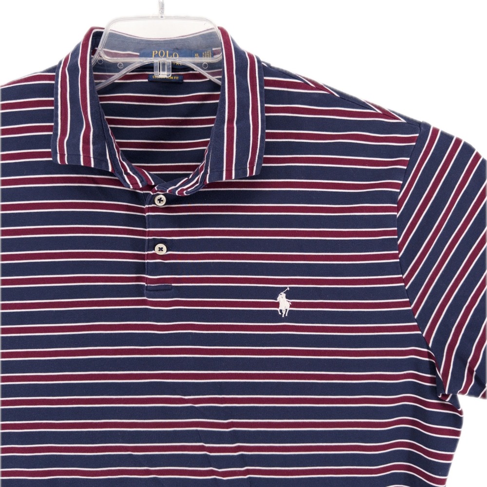 Polo Ralph Lauren Mens XL Custom Slim Fit Polo Shirt Navy Blue Striped Preppy